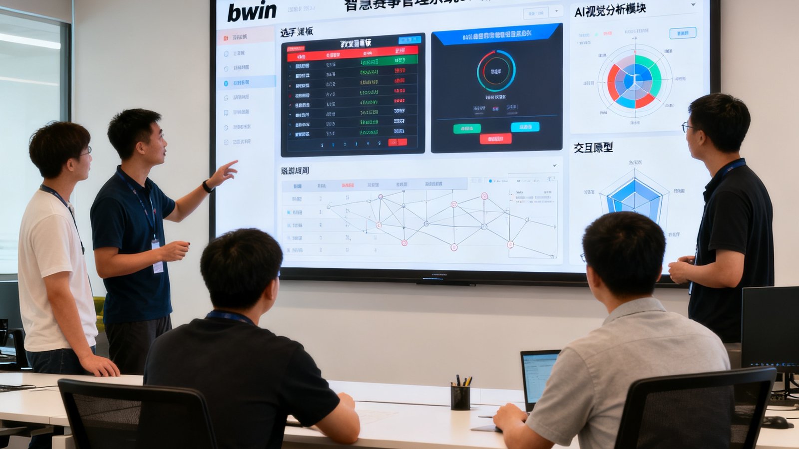 bwin技术团队在办公室内围绕大屏幕讨论智慧赛事管理系统3.0版本的界面设计，屏幕上展示着选手数据看板和AI视觉分析模块的交互原型图。