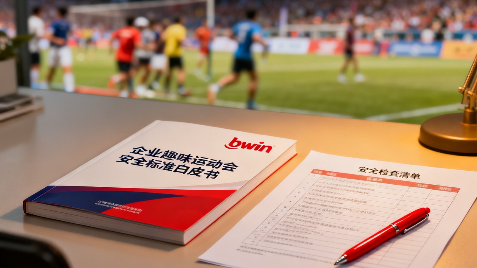 一本封面印有bwin标识的企业趣味运动会安全标准白皮书放置在办公桌上，旁边是一份详细的安全检查清单和一支红笔，背景是赛事现场的模糊照片。